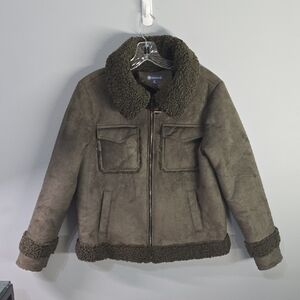 Democracy Jacket Women's Size Medium Olive Green Faux Shearling Zip-Up Jacket